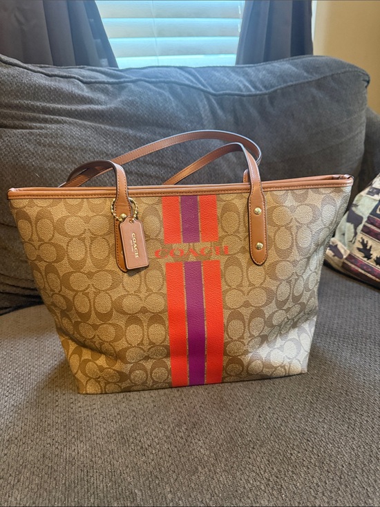 Coach Handbags - COACH F38405 Varsity Stripe City Zip Tote Bag Red Purple Signature Canvas